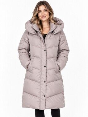 Lauren Ralph Lauren Pillow Hood Longline Down & Feather Jacket Tan Black Coat